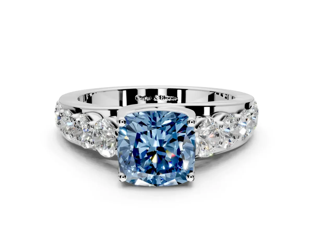 Solitaire Engagement Ring Setting for Fancy Blue Cushion Cut Center with Graduated Shared Prongs and Prong Head in Platinum
