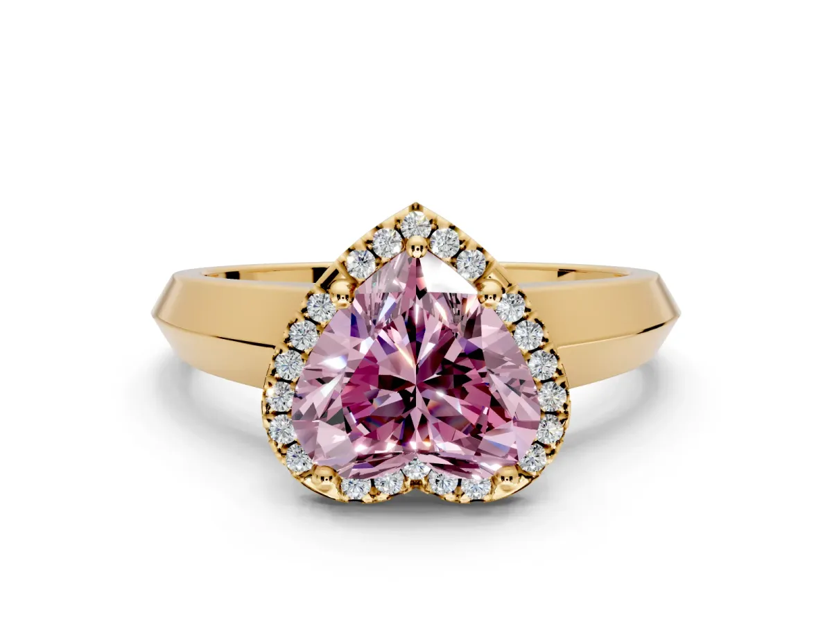 Halo Engagement Ring Setting for Fancy Pink Heart-Shaped Center with Knife Ridge Cathedral Band and Prong Head in Yellow Gold
