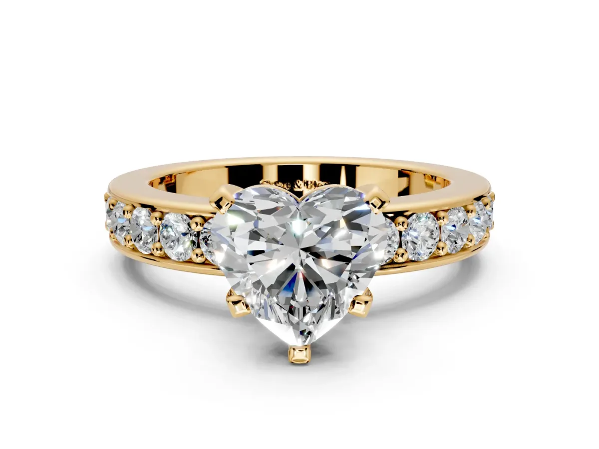 Solitaire Engagement Ring Setting for Heart-Shaped Center with Channel-Set Accents and Prong Head in Yellow Gold