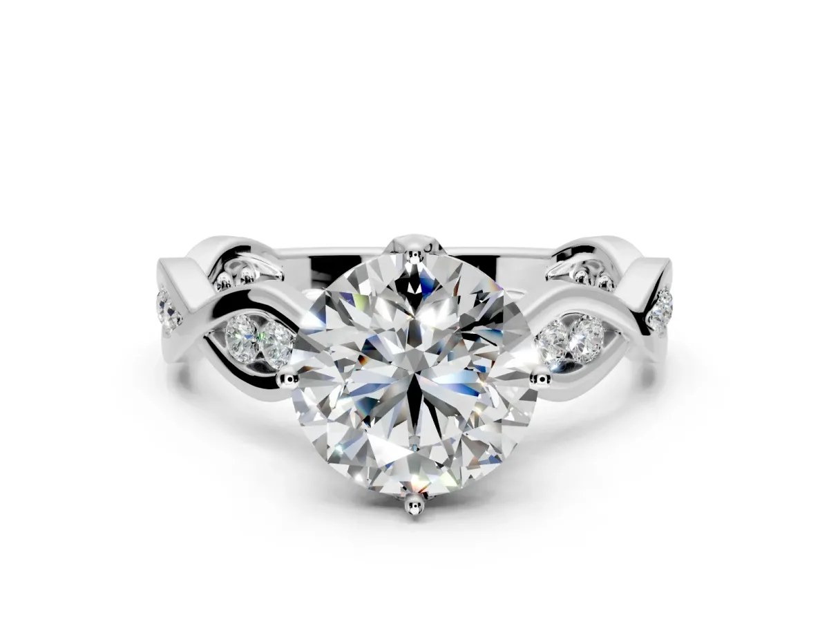 Solitaire Engagement Ring Setting for Round Cut Center with Accented Twist Band and Leaf Prong Head in Platinum