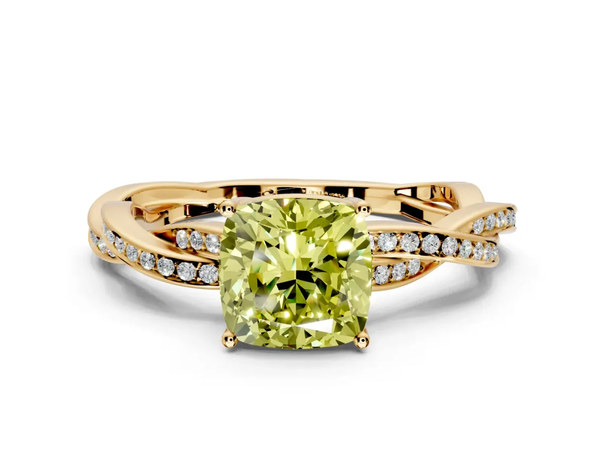 Solitaire Engagement Ring Setting for Fancy Yellow Cushion Cut Center with Twisted Pave Band and Prong Head in Yellow Gold