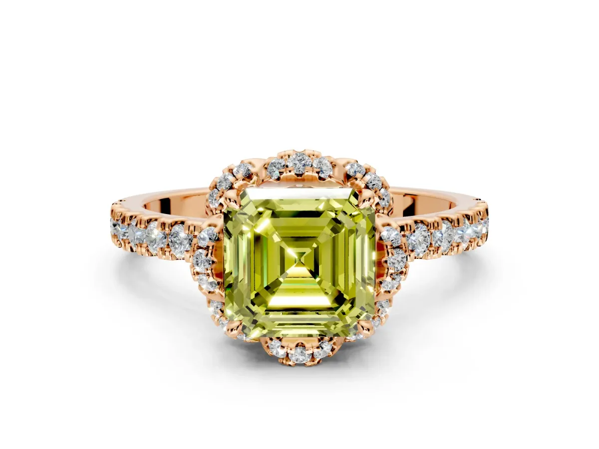 Halo Engagement Ring Setting for Fancy Yellow Asscher Cut Center with Openwork Halo, Pave Band and Prong Head in Rose Gold