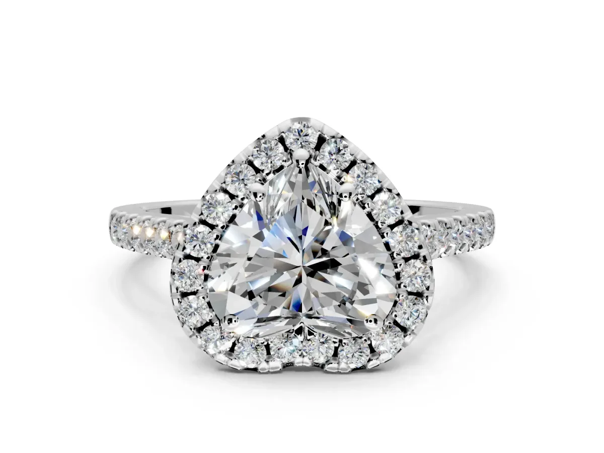 Halo Engagement Ring Setting for Heart-Shaped Center with Raised Halo, Pave Band and Prong Head in Platinum