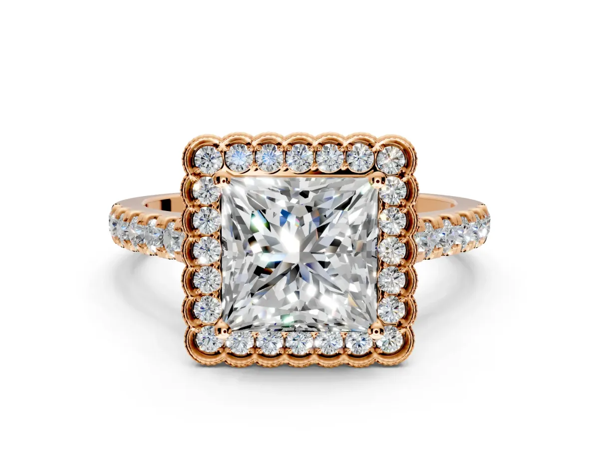 Milgrain Floral Halo Engagement Ring Setting for Princess Cut Center with Pave Band and Prong Head in Rose Gold
