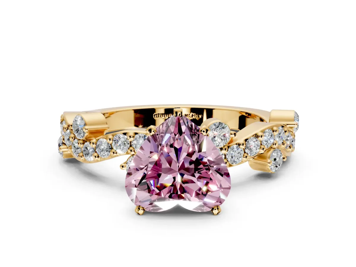 Solitaire Engagement Ring Setting for Fancy Pink Heart-Shaped Center with Bar-Station Pave Twist and Prong Head in Yellow Gold