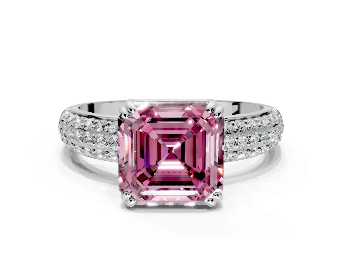 Solitaire Engagement Ring Setting for Fancy Pink Asscher Cut Center with Multi-Row Pave Accents and Basket Head in Platinum