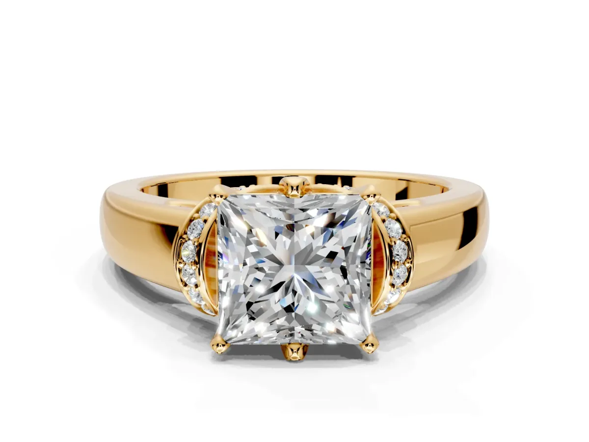 Solitaire Engagement Ring Setting for Princess Cut Center with Wide Band, Pave Collar and Prong Head in Yellow Gold