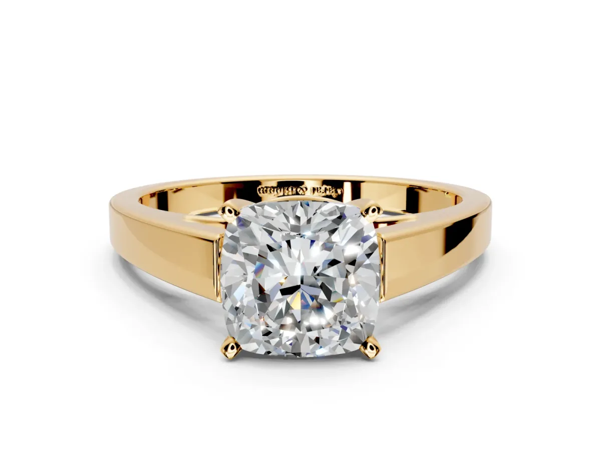 Solitaire Engagement Ring Setting for Cushion Cut Center with Tapered Split Shoulders and Prong Head in Yellow Gold