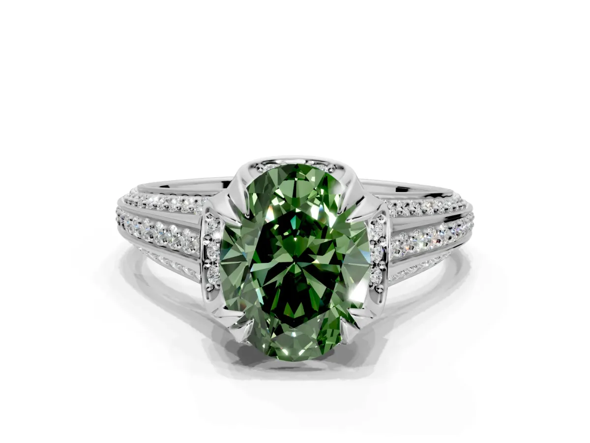 Solitaire Engagement Ring Setting for Fancy Green Oval Center with Accented Split Shank and Prong Head in Platinum