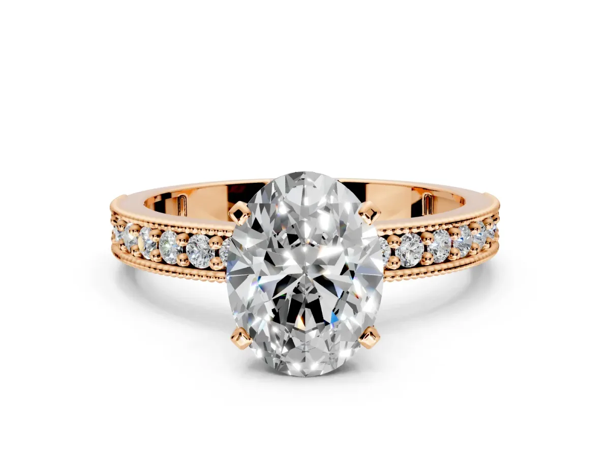 Milgrain Pave Engagement Ring Setting for Oval Center with Accent Band and Prong Head in Rose Gold