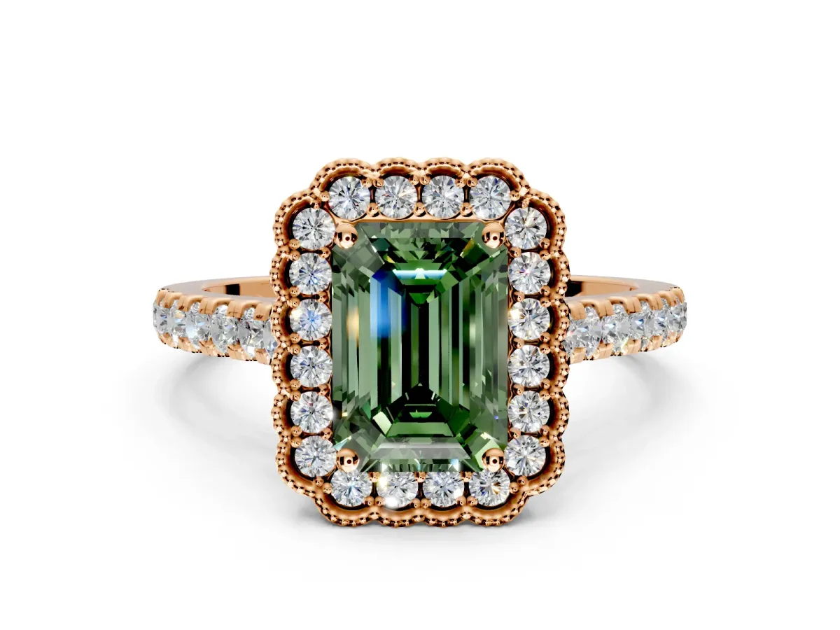 Milgrain Floral Halo Engagement Ring Setting for Fancy Green Emerald Cut Center with Pave Band and Prong Head in Rose Gold