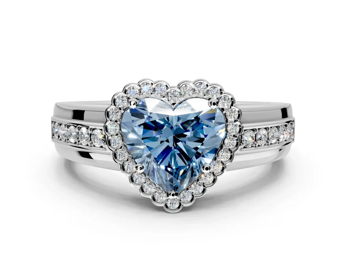 Halo Engagement Ring Setting for Fancy Blue Heart-Shaped Center with Wide Band, Inlaid Accent Row and Prong Head in White Gold
