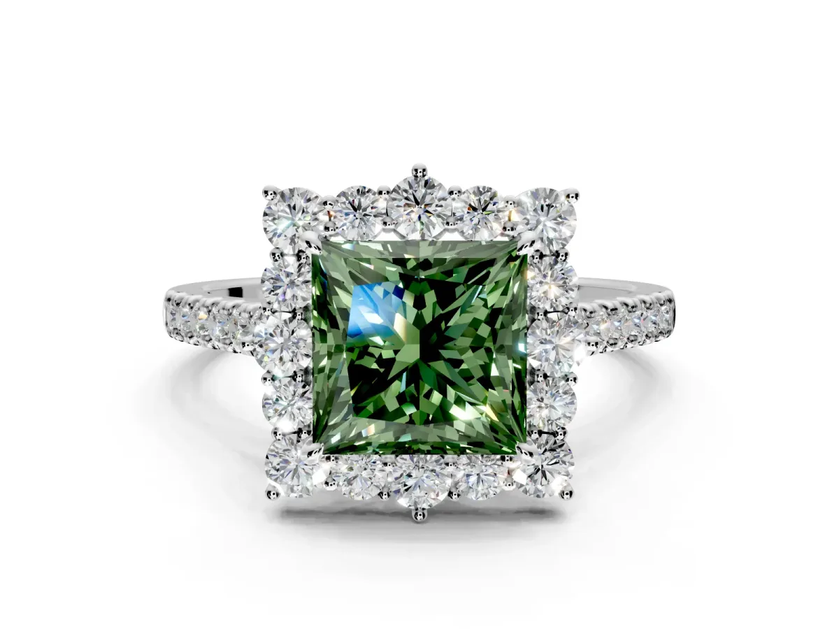 Halo Engagement Ring Setting for Fancy Green Princess Cut Center with Single-Row Pave, Open Basket and Prong Head in Platinum