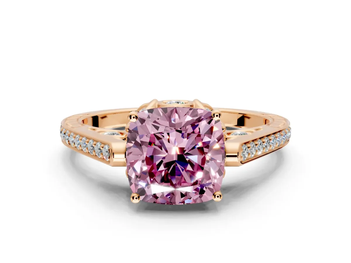 Cathedral Engagement Ring Setting for Fancy Pink Cushion Cut Center with Antique-Style Pave Band and Prong Head in Rose Gold