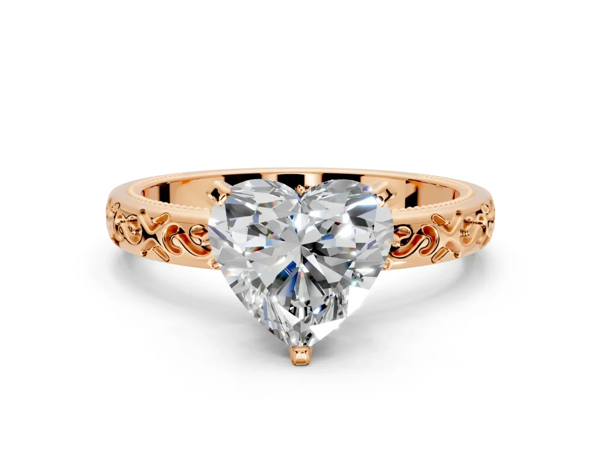 Solitaire Engagement Ring Setting for Heart-Shaped Center with Scrollwork Band and Prong Head in Rose Gold