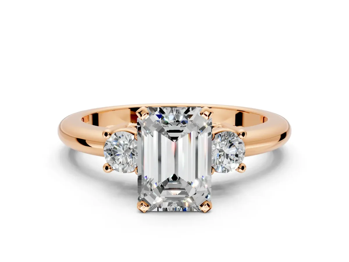 3 Stone Engagement Ring Setting for Emerald Cut Center with Wide Plain Band and Prong Head in Rose Gold