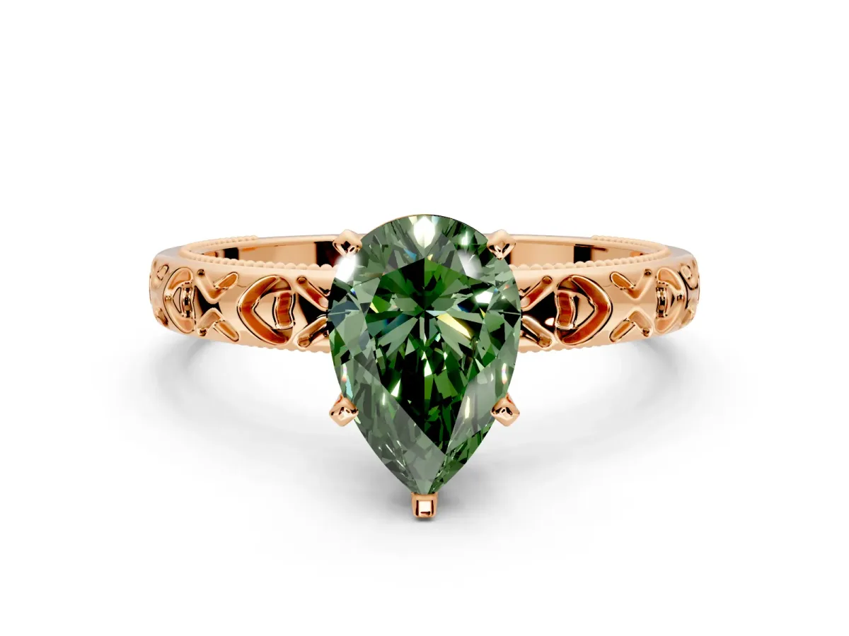 Solitaire Engagement Ring Setting for Fancy Green Pear-Shaped Center with XO Engraved Band and Prong Head in Rose Gold