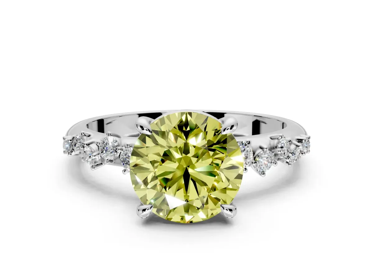 Solitaire Engagement Ring Setting for Fancy Yellow Round Cut Center with Trailing Leaf Accent Band and Prong Head in White Gold