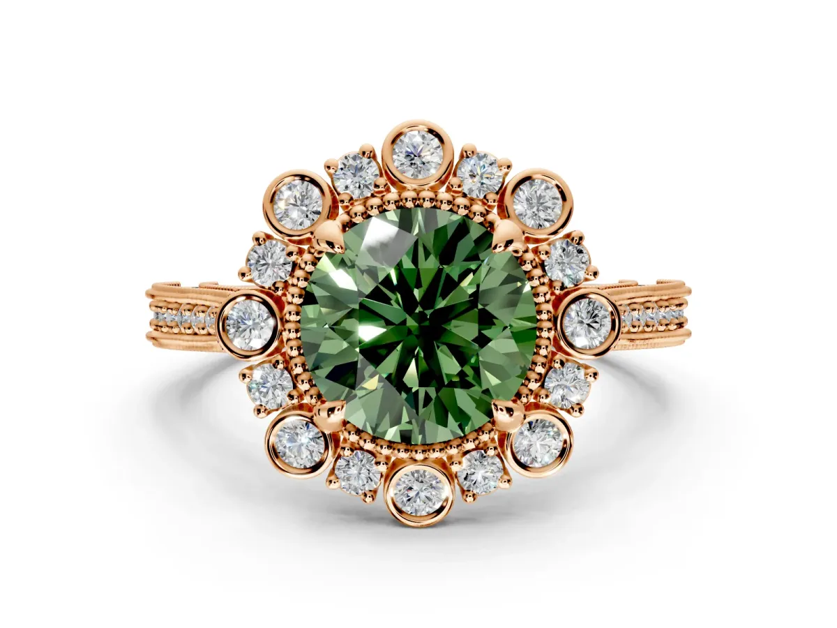 Milgrain Halo Engagement Ring Setting for Fancy Green Round Cut Center with Bezel Point Accents and Prong Head in Rose Gold