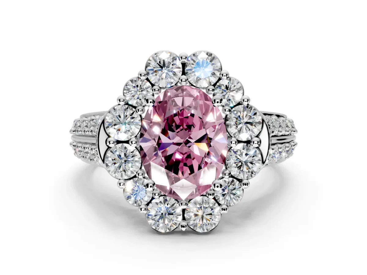 Large Accent Halo Engagement Ring Setting for Fancy Pink Oval Center with Pave Split Shank and Prong Head in Sterling Silver