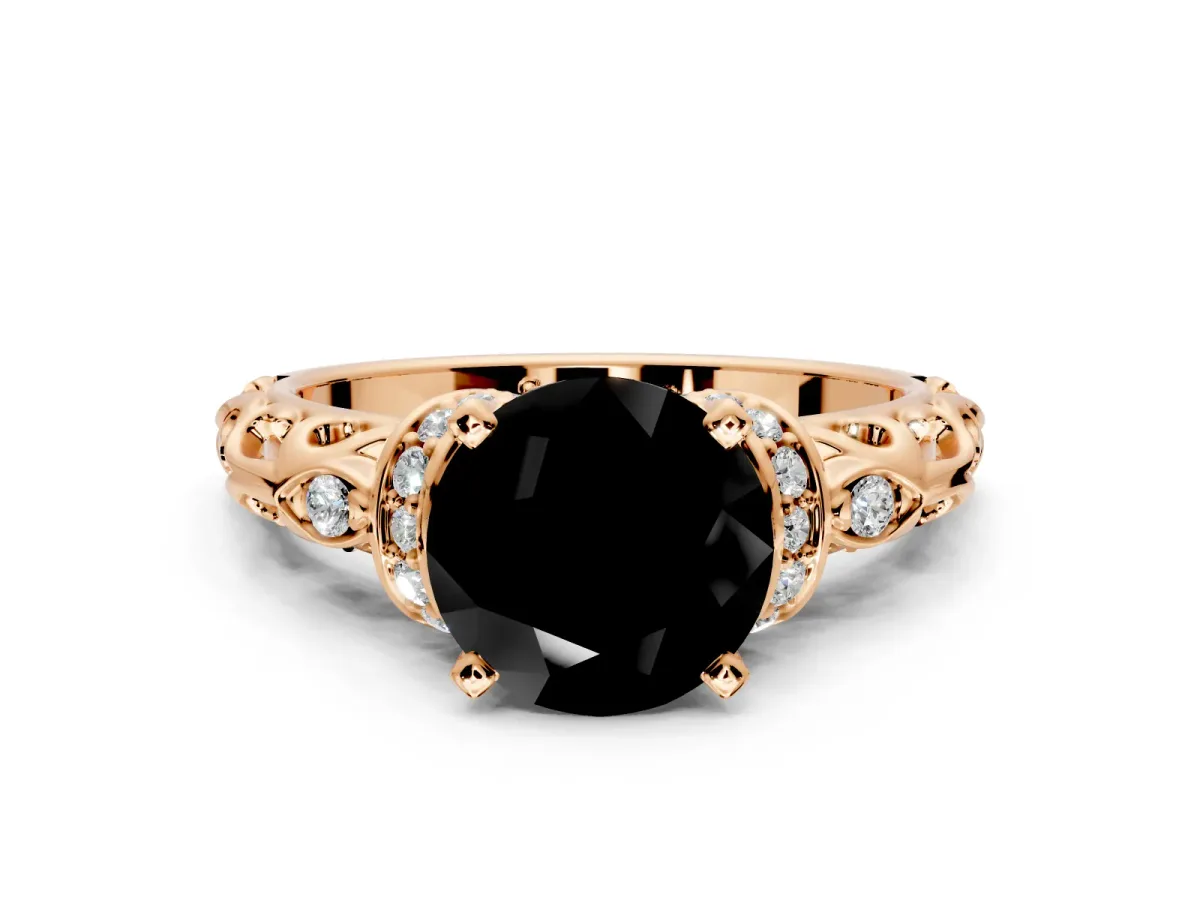 Solitaire Engagement Ring Setting for Fancy Black Round Cut Center with Filigree Band and Prong Head in Rose Gold