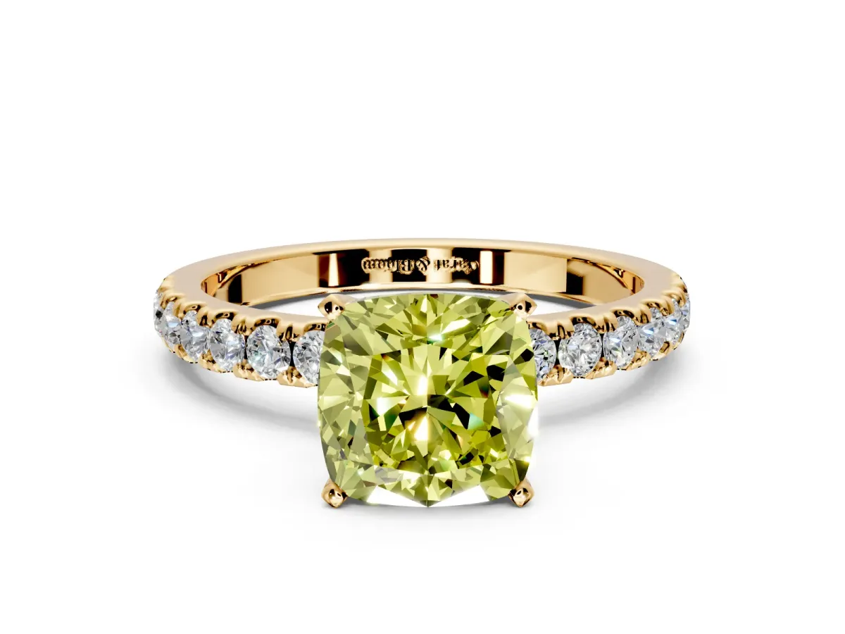 Open Basket Engagement Ring Setting for Fancy Yellow Cushion Cut Center with Pave Band and Prong Head in Yellow Gold