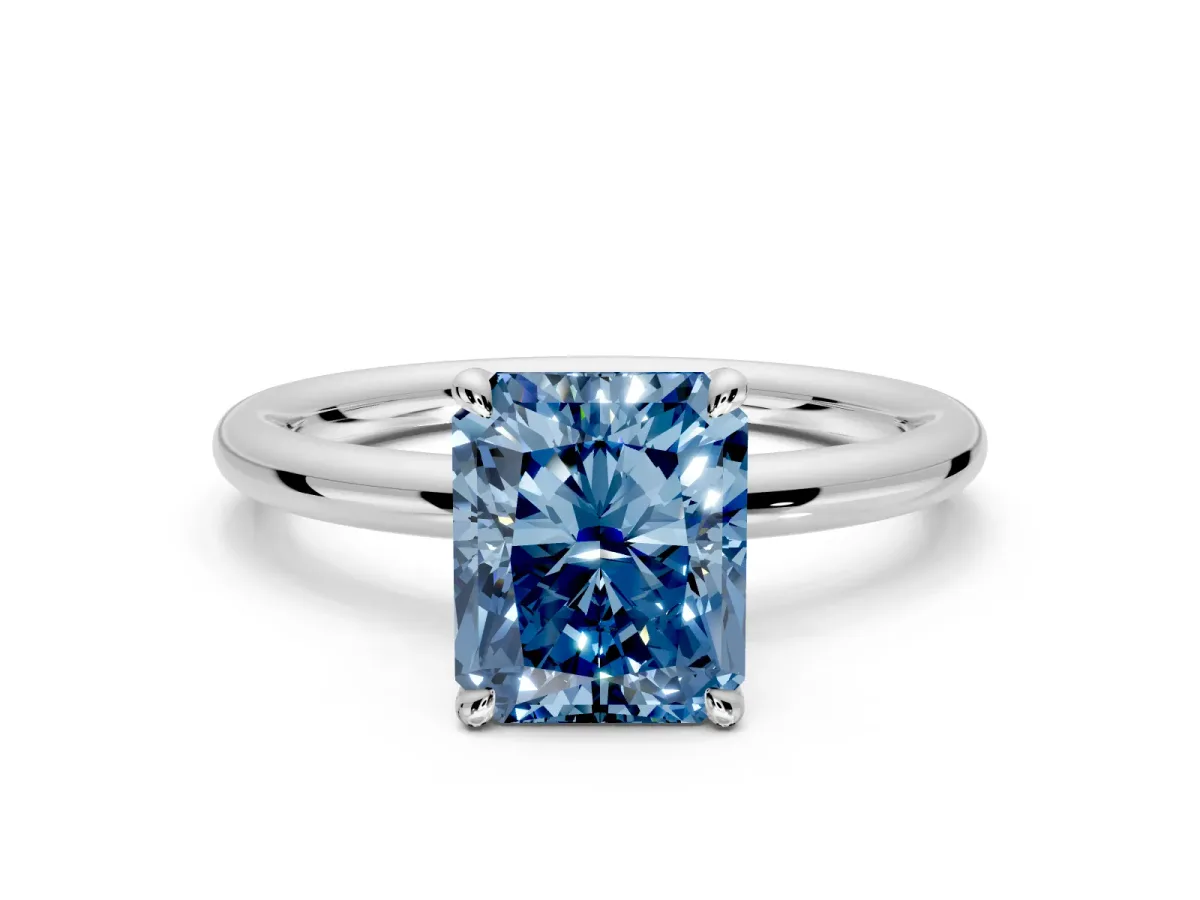 Hidden Halo Engagement Ring Setting for Fancy Blue Radiant Cut Center with Thin Rounded Band and Prong Head in Sterling Silver