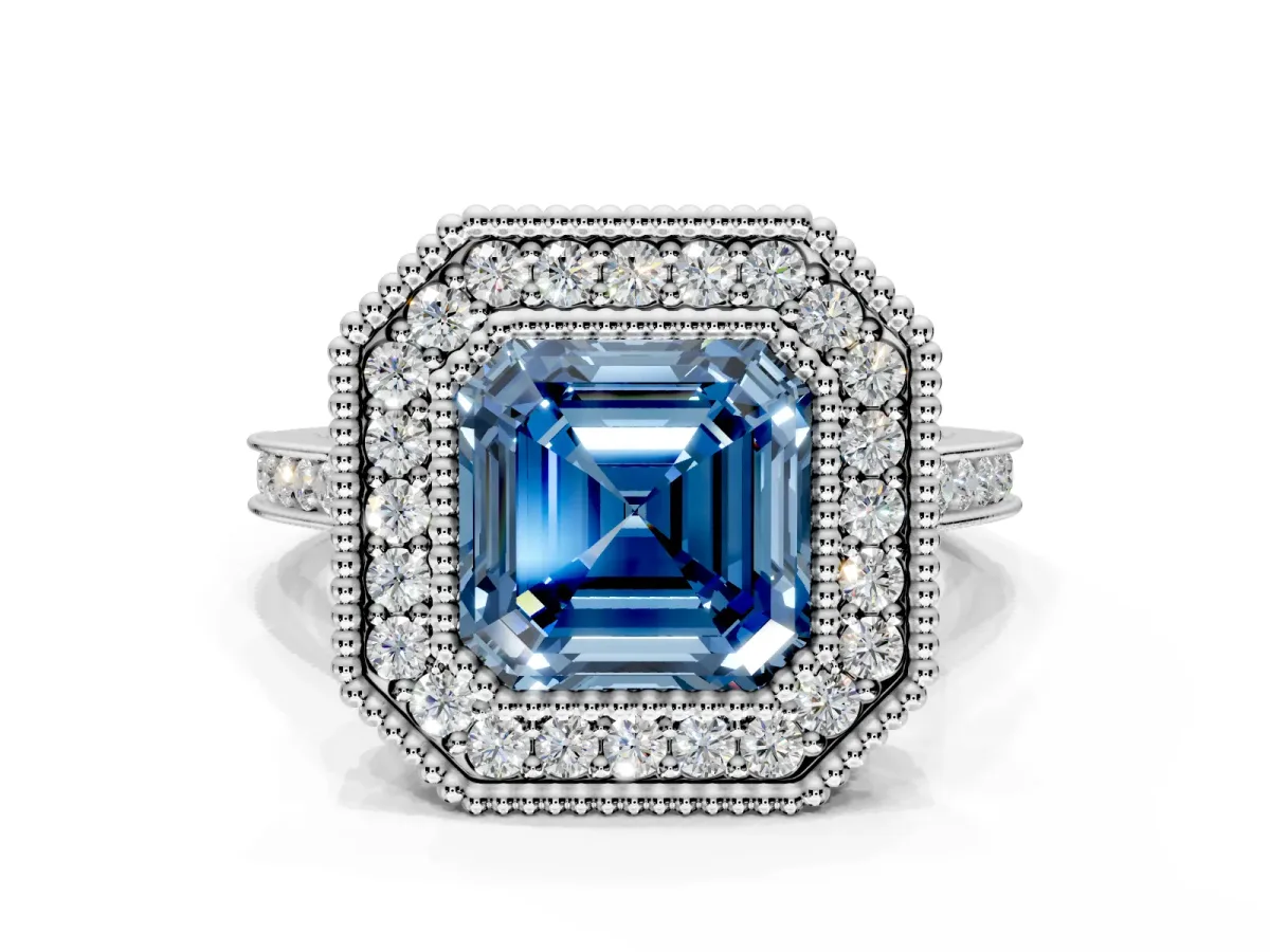 Halo Engagement Ring Setting for Fancy Blue Asscher Cut Center with Milgrain Frame, Pave Band and Prong Head in Sterling Silver