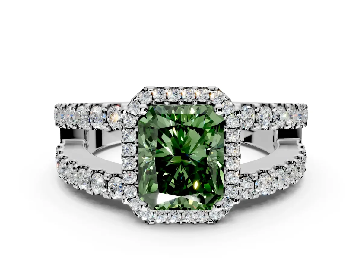 Halo Engagement Ring Setting for Fancy Green Radiant Cut Center with Wide-Open Pave Split Shank and Prong Head in Sterling Silver