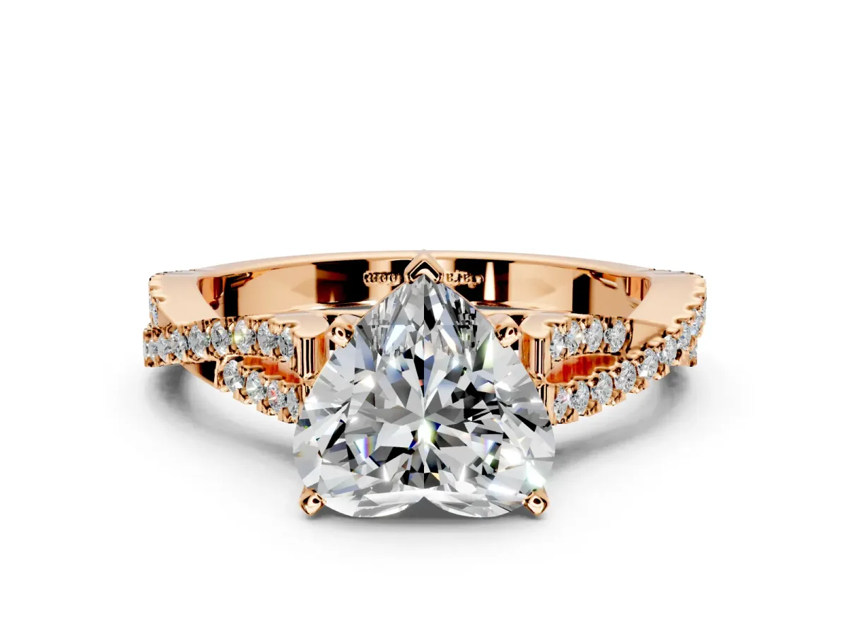 Solitaire Engagement Ring Setting for Heart-Shaped Center with Twisted Pave Split Shank and Prong Head in Rose Gold