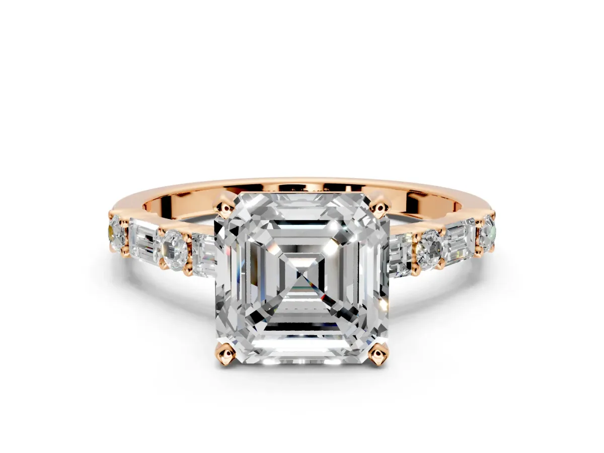 Baguette Engagement Ring Setting for Asscher Cut Center with Alternating Bar-Set Band and Prong Head in Rose Gold