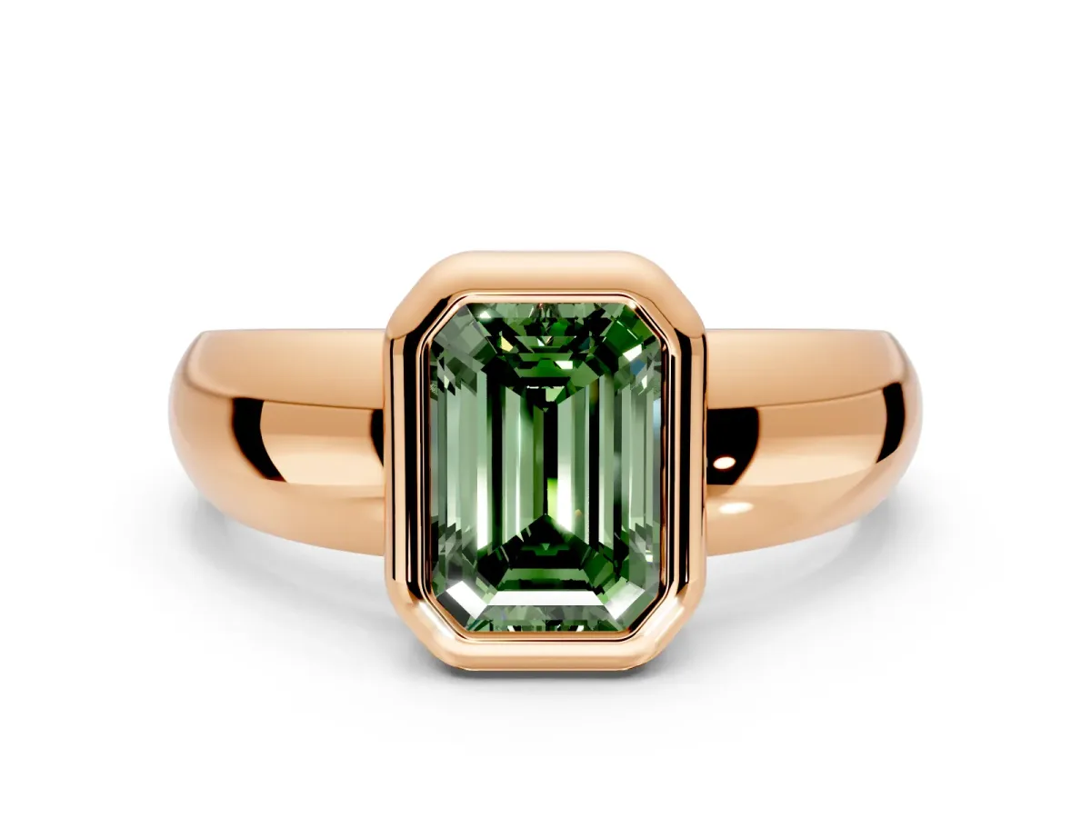 Solitaire Engagement Ring Setting for Fancy Green Emerald Cut Center with Wide Band and Bezel Head in Rose Gold
