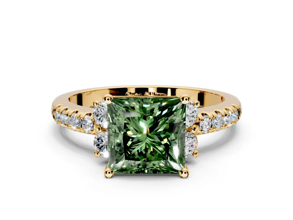 Paired Accent Engagement Ring Setting for Fancy Green Princess Cut Center with Pave Band and Prong Head in Yellow Gold