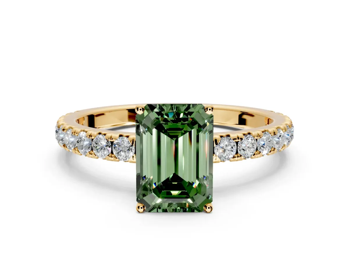 Solitaire Engagement Ring Setting for Fancy Green Emerald Cut Center with Large Accent Band and Prong Head in Yellow Gold