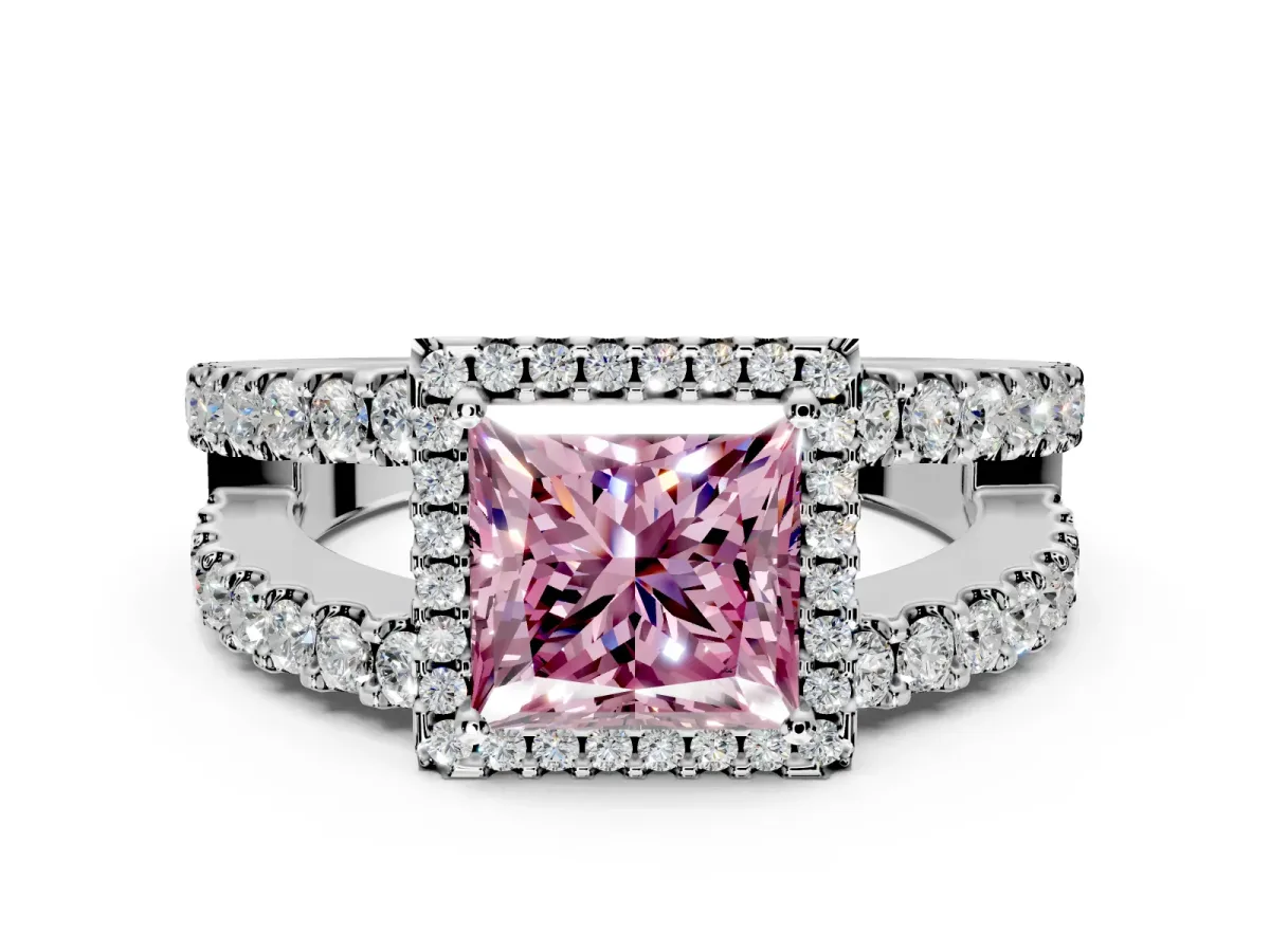 Halo Engagement Ring Setting for Fancy Pink Princess Cut Center with Wide-Open Pave Split Shank and Prong Head in Platinum