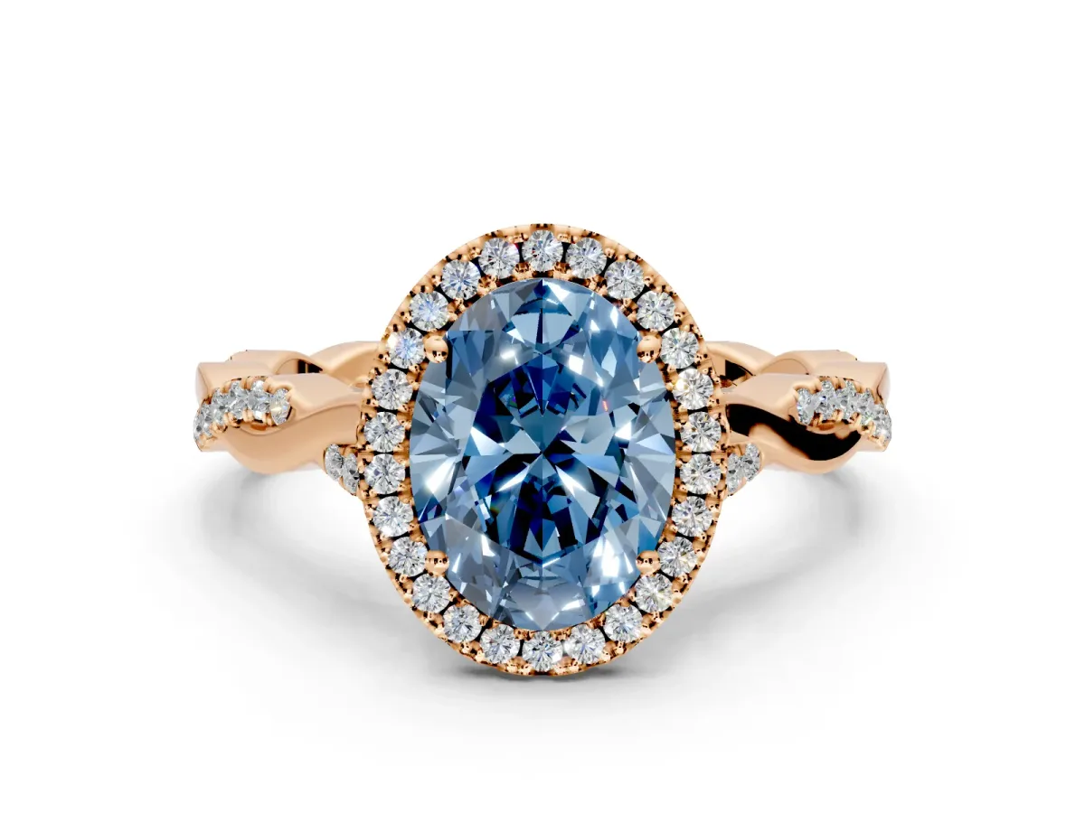 Halo Engagement Ring Setting for Fancy Blue Oval Center with Twist Band and Prong Head in Rose Gold