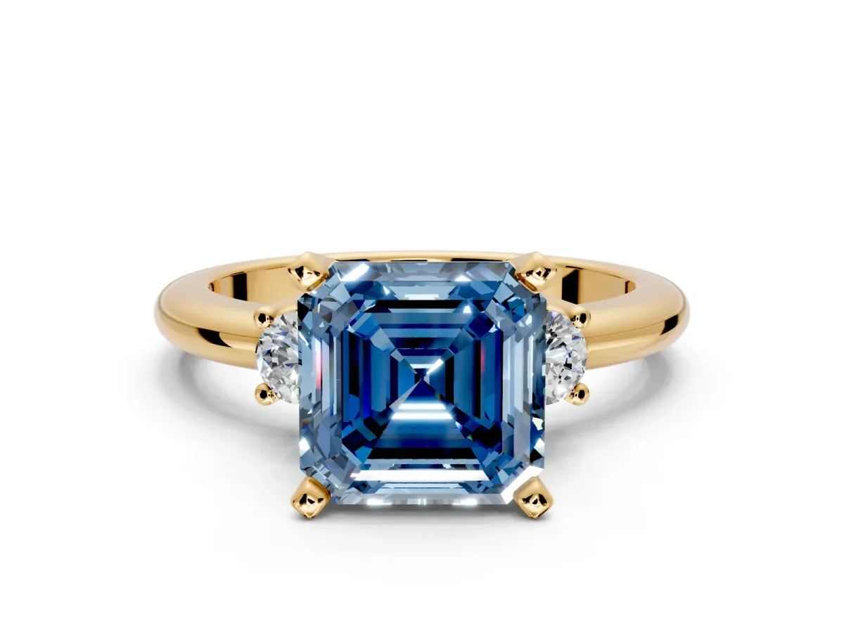 3 Stone Engagement Ring Setting for Fancy Blue Asscher Cut Center with Wide Plain Band and Prong Head in Yellow Gold