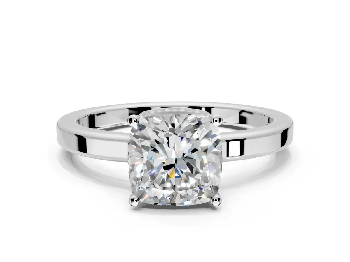 Hidden Halo Engagement Ring Setting for Cushion Cut Center with Wide Flat Plain Band and Prong Head in Sterling Silver
