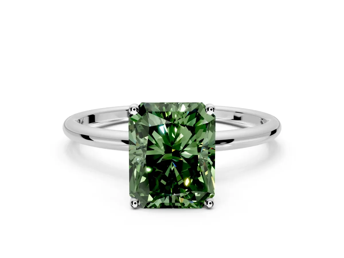 Solitaire Engagement Ring Setting for Fancy Green Radiant Cut Center with Straight Thin Band and Prong Head in Sterling Silver