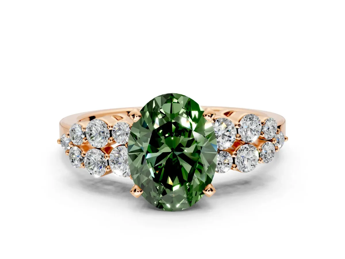 Cluster Engagement Ring Setting for Fancy Green Oval Center with 2-Row Shoulder Clusters and Prong Head in Rose Gold