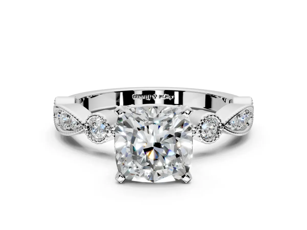 Solitaire Engagement Ring Setting for Cushion Cut Center with Milgrain Bezel Accents and Prong Head in Platinum