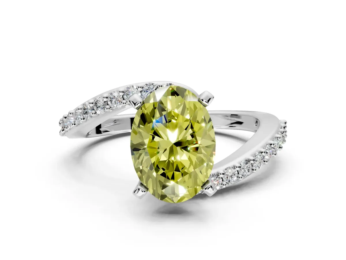 Solitaire Engagement Ring Setting for Fancy Yellow Oval Center with Pave Bypass Swirl Band and Prong Head in Sterling Silver