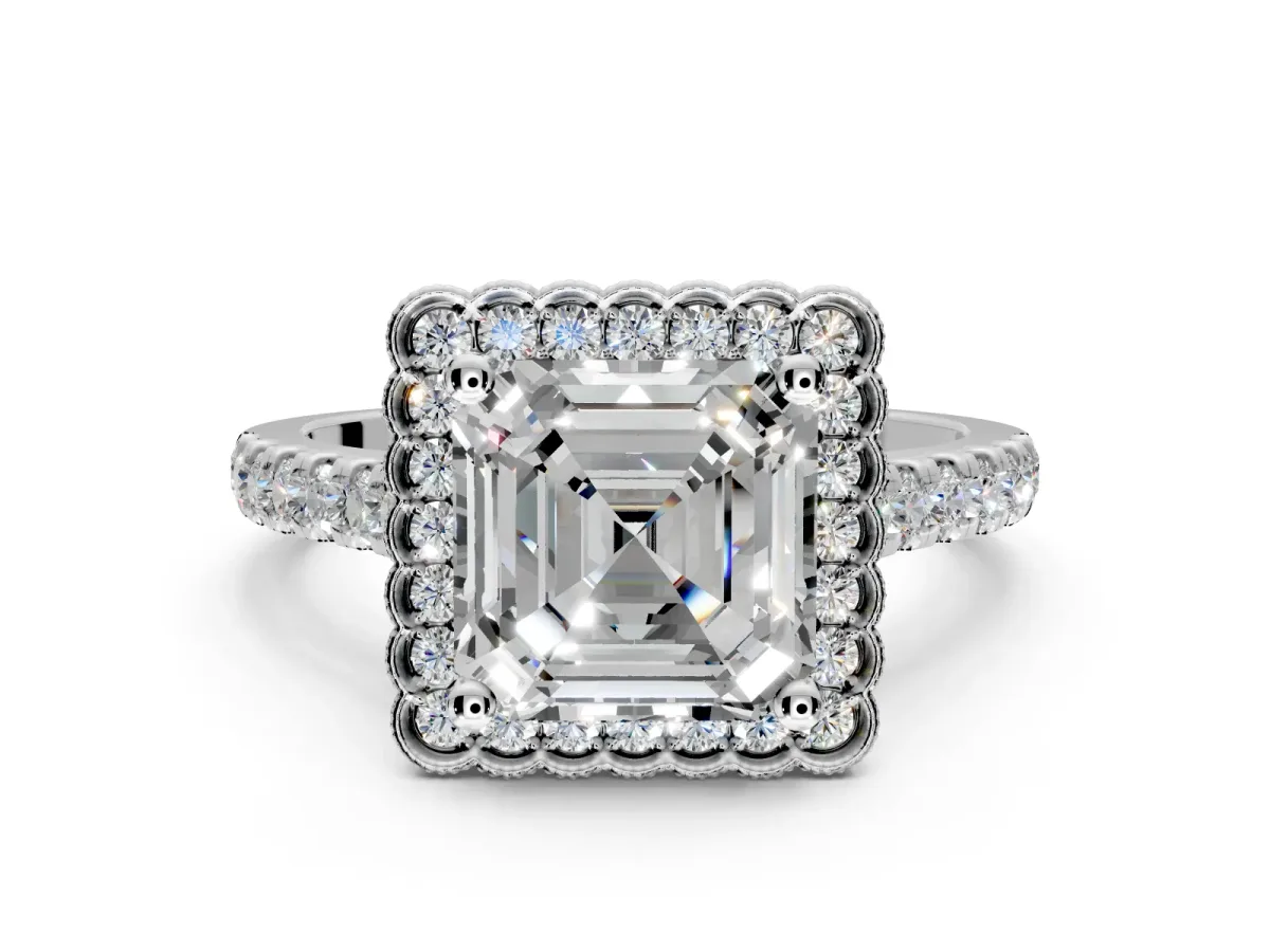 Milgrain Floral Halo Engagement Ring Setting for Asscher Cut Center with Pave Band and Prong Head in White Gold