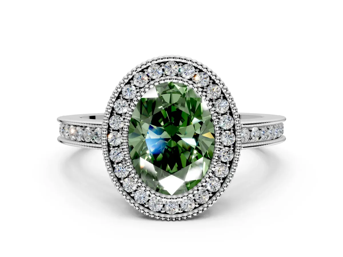 Halo Engagement Ring Setting for Fancy Green Oval Center with Milgrain Halo, Pave Band and Prong Head in White Gold