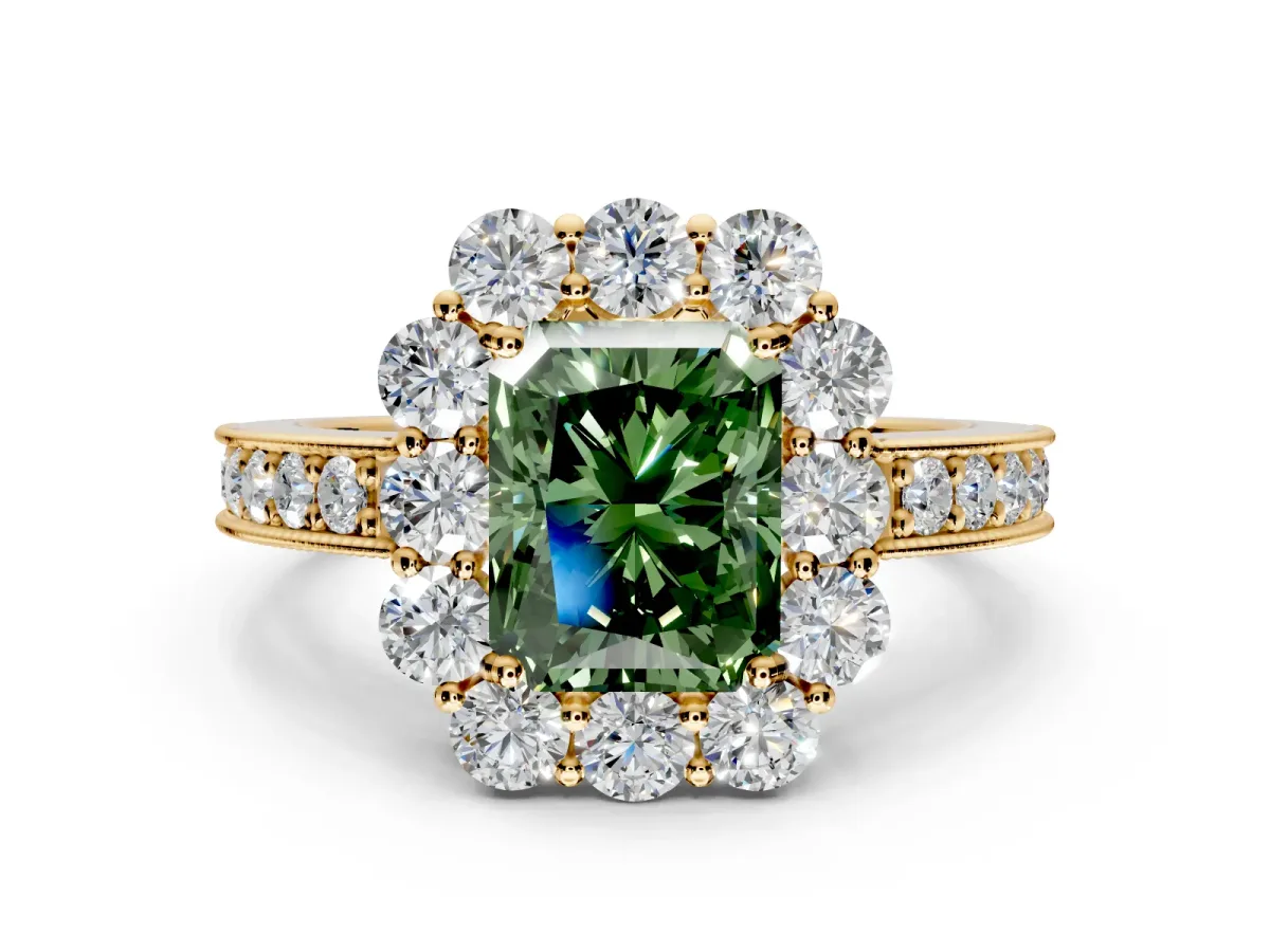 Halo Engagement Ring Setting for Fancy Green Radiant Cut Center with Milgrain Channel Band and Prong Head in Yellow Gold