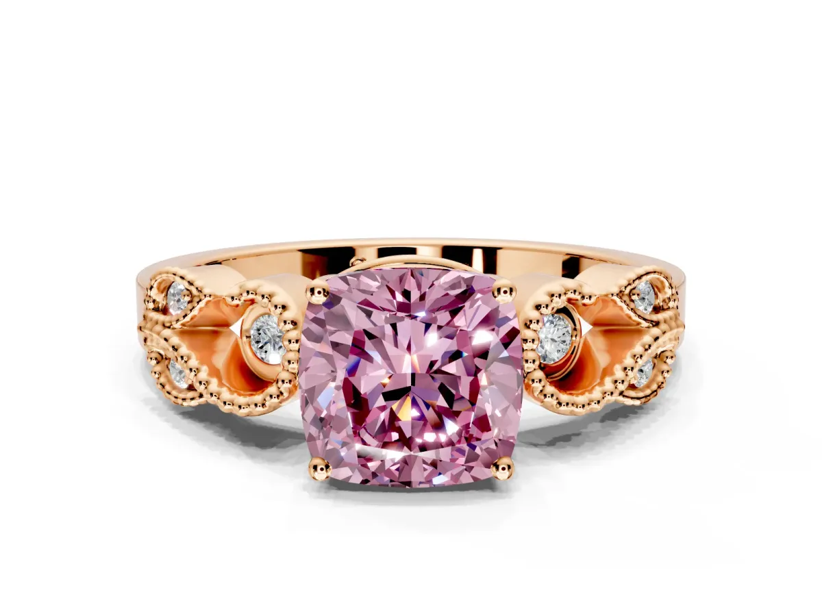 Leaf Engagement Ring Setting for Fancy Pink Cushion Cut Center with Milgrain Accent Band and Prong Head in Rose Gold