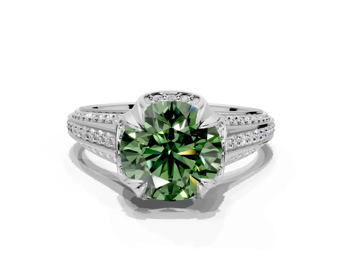 Solitaire Engagement Ring Setting for Fancy Green Round Cut Center with Accented Split Shank and Prong Head in Platinum