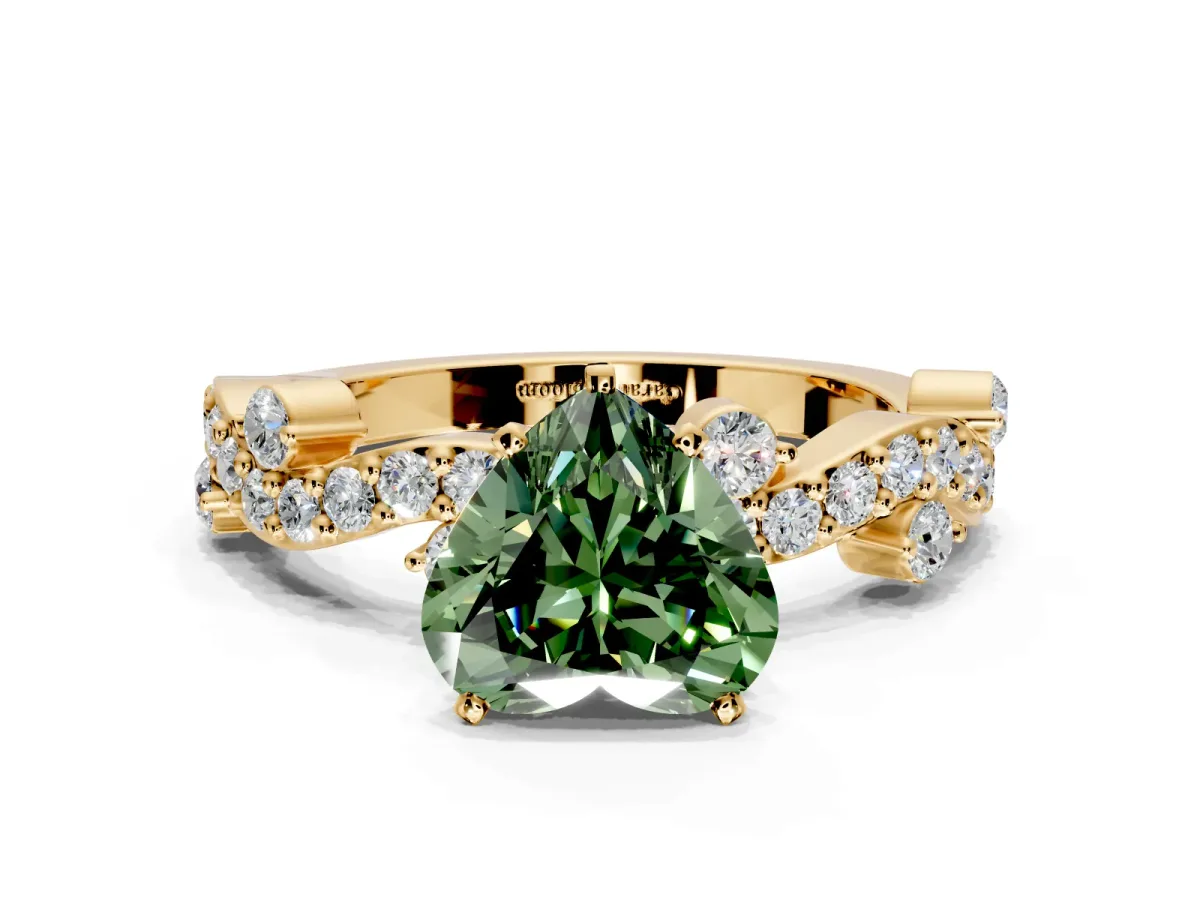 Solitaire Engagement Ring Setting for Fancy Green Heart-Shaped Center with Bar-Station Pave Twist and Prong Head in Yellow Gold