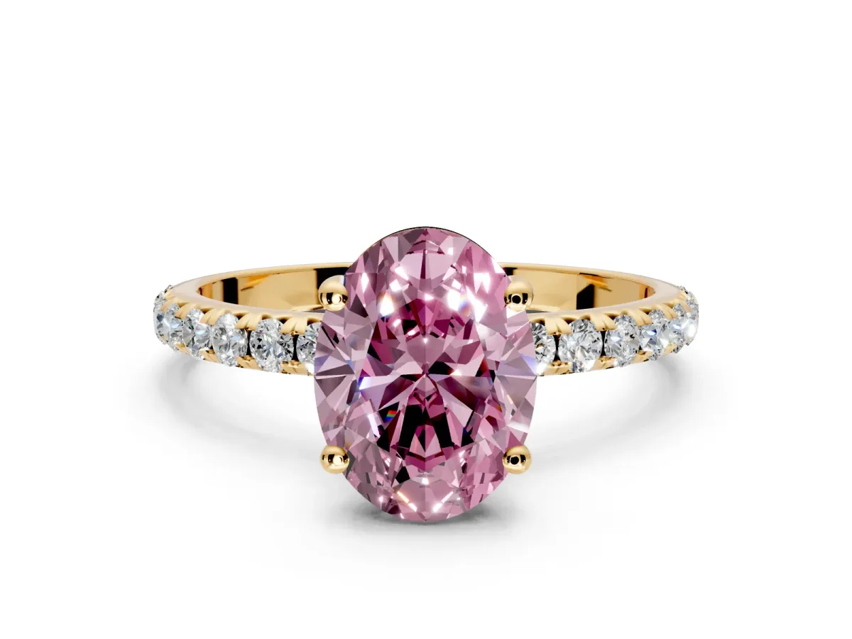 Solitaire Engagement Ring Setting for Fancy Pink Oval Center with Micro Pave Band and Prong Head in Yellow Gold