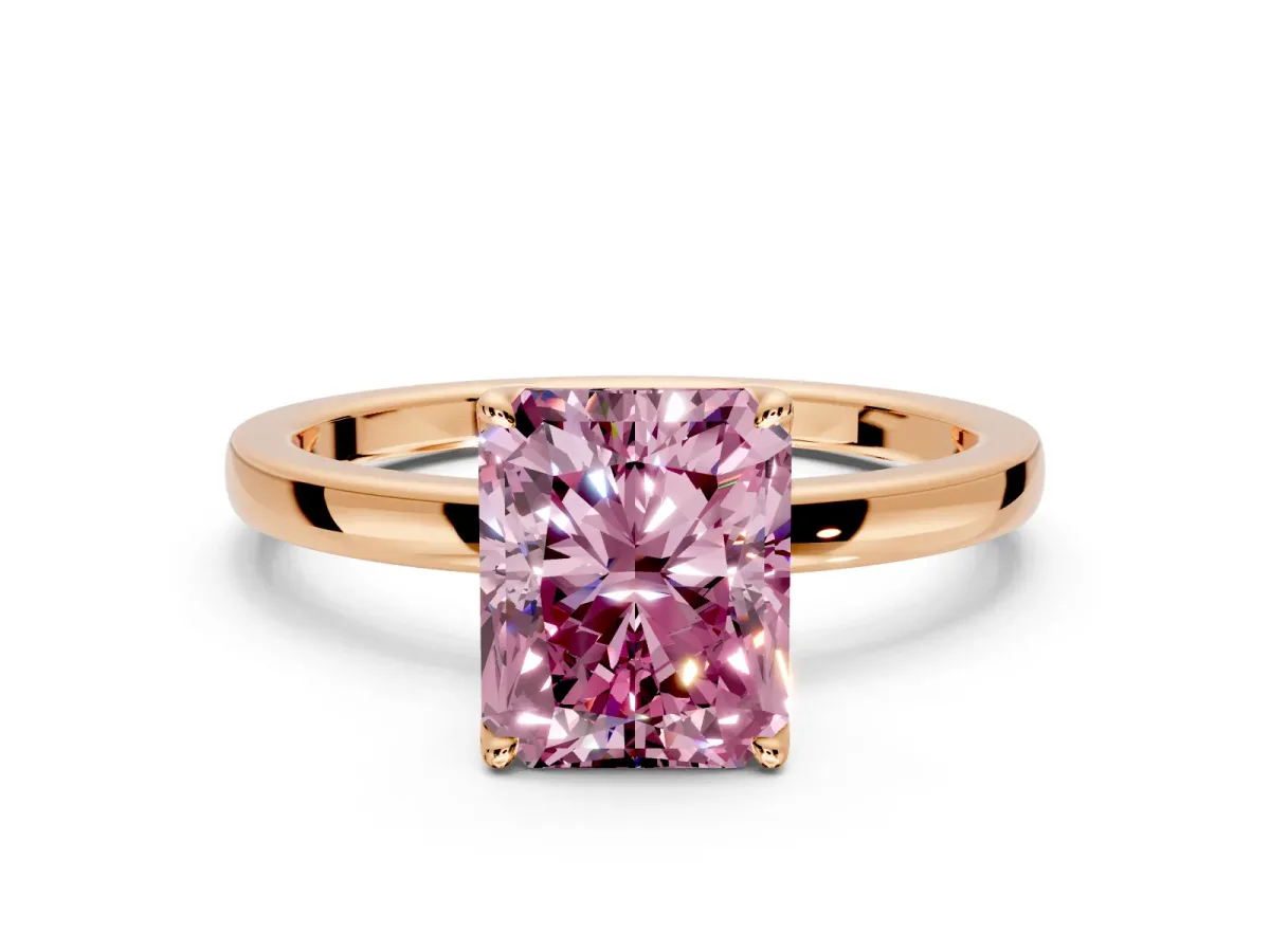 Solitaire Engagement Ring Setting for Fancy Pink Radiant Cut Center with Thin Rounded Plain Band and Prong Head in Rose Gold